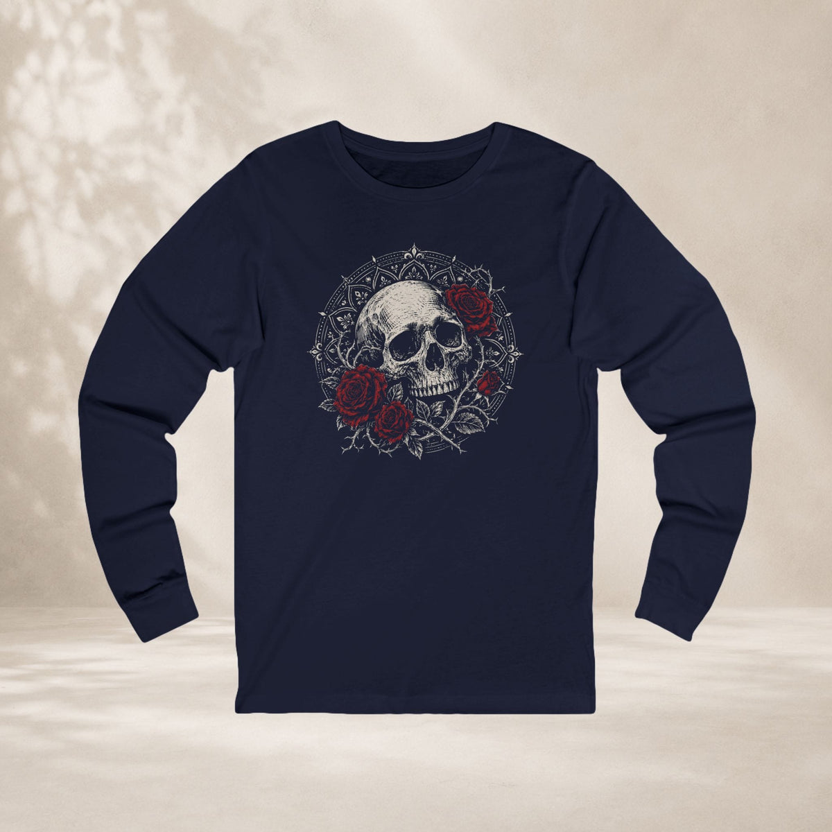 Printify Long-sleeve Skull & Roses Mandala Long Sleeve Tee Skull & Roses Mandala Long Sleeve Tee