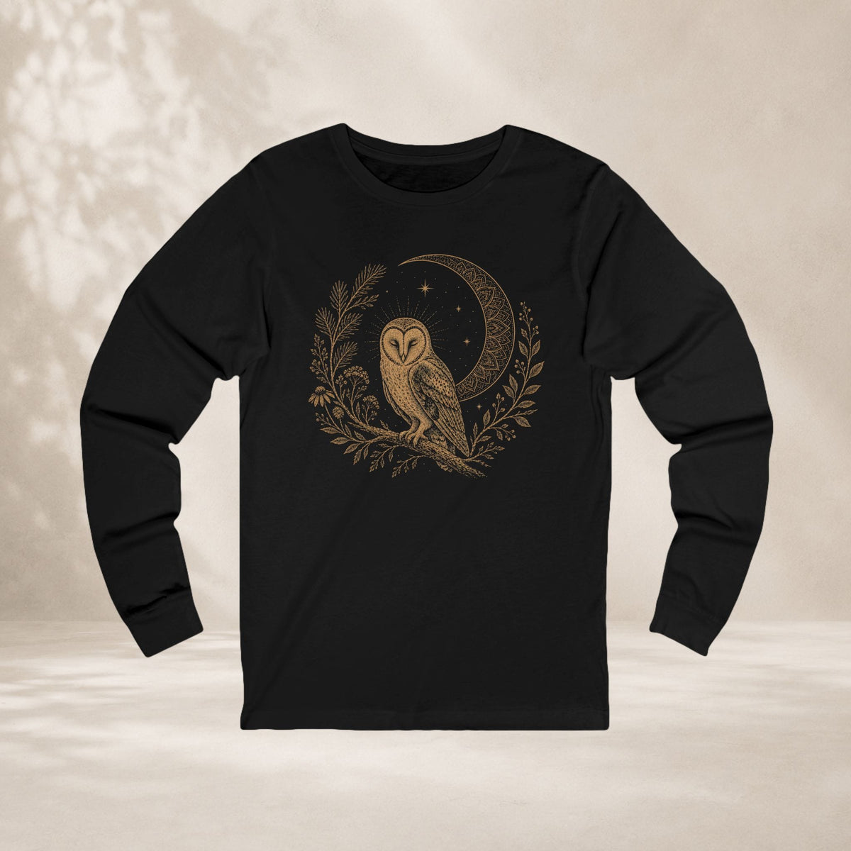Printify Long-sleeve Barn Owl Mandala Moon Long Sleeve Tee Barn Owl Mandala Moon Long Sleeve Tee