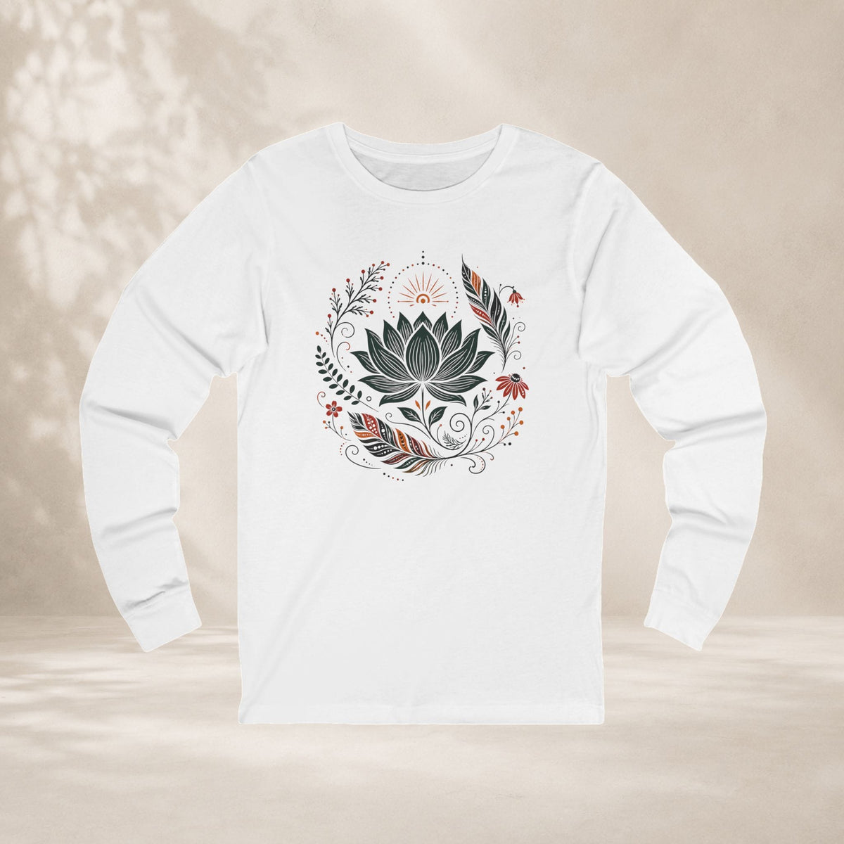Printify Long-sleeve Boho Lotus & Feathers Long Sleeve Tee Boho Lotus & Feathers Long Sleeve Tee