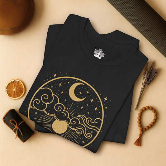 Celestial Moon and Clouds - Gold Yoga Tee