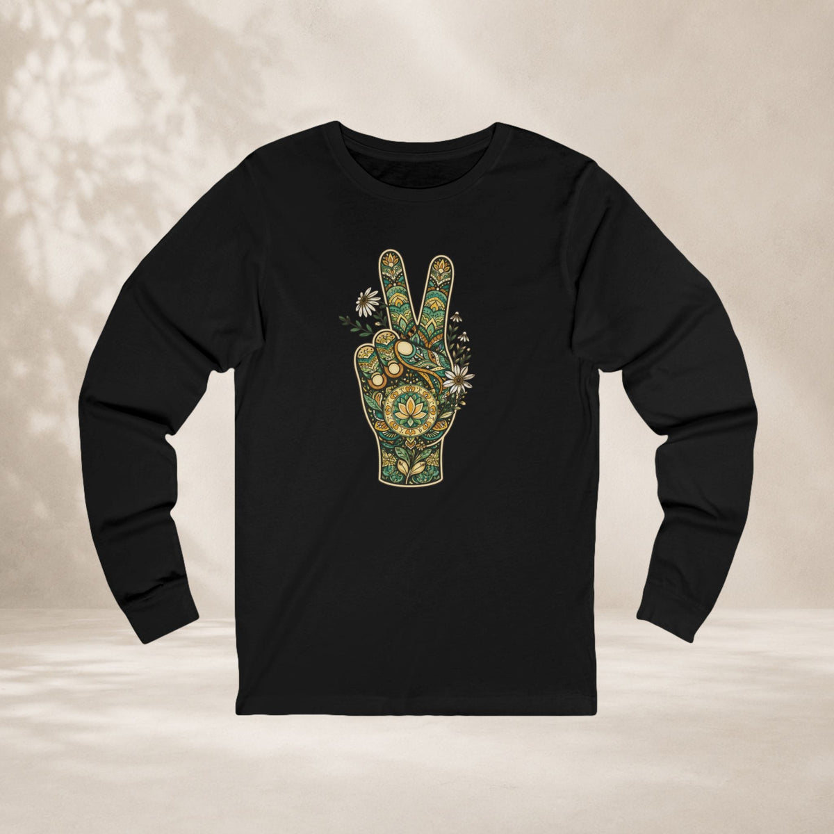 Printify Long-sleeve Boho Peace Hand Long Sleeve Tee Boho Peace Hand Long Sleeve Tee