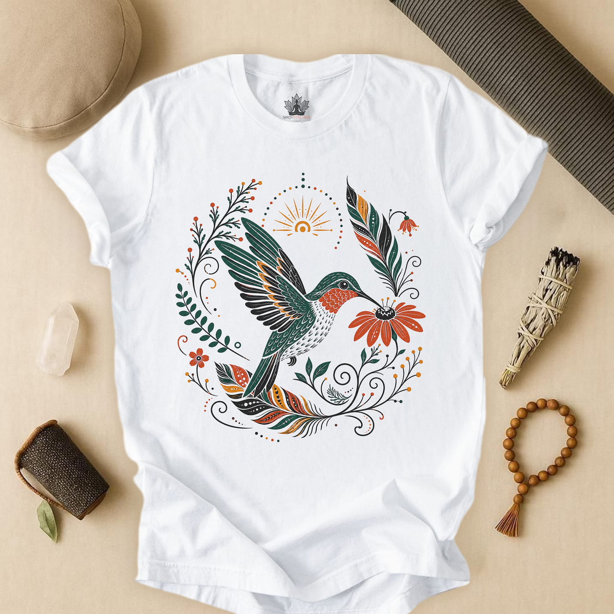 Printify T-Shirt Boho Hummingbird & Feathers Tee Boho Hummingbird & Feathers Tee