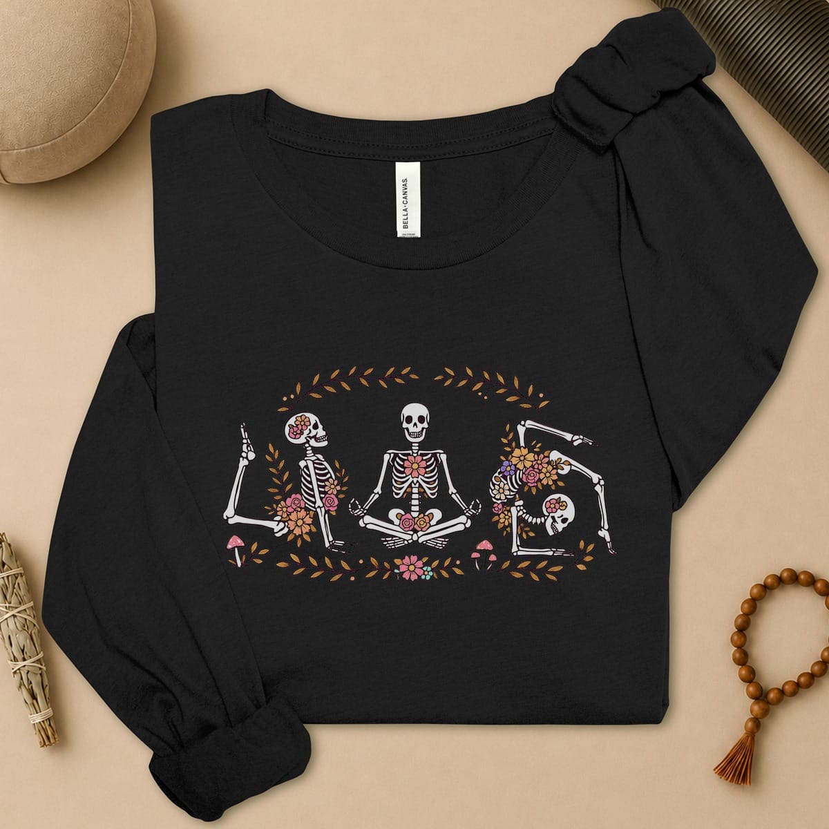 Printify Long-sleeve Floral Skeletons Meditation Long Sleeve Tee Floral Skeletons Meditation Long Sleeve Tee