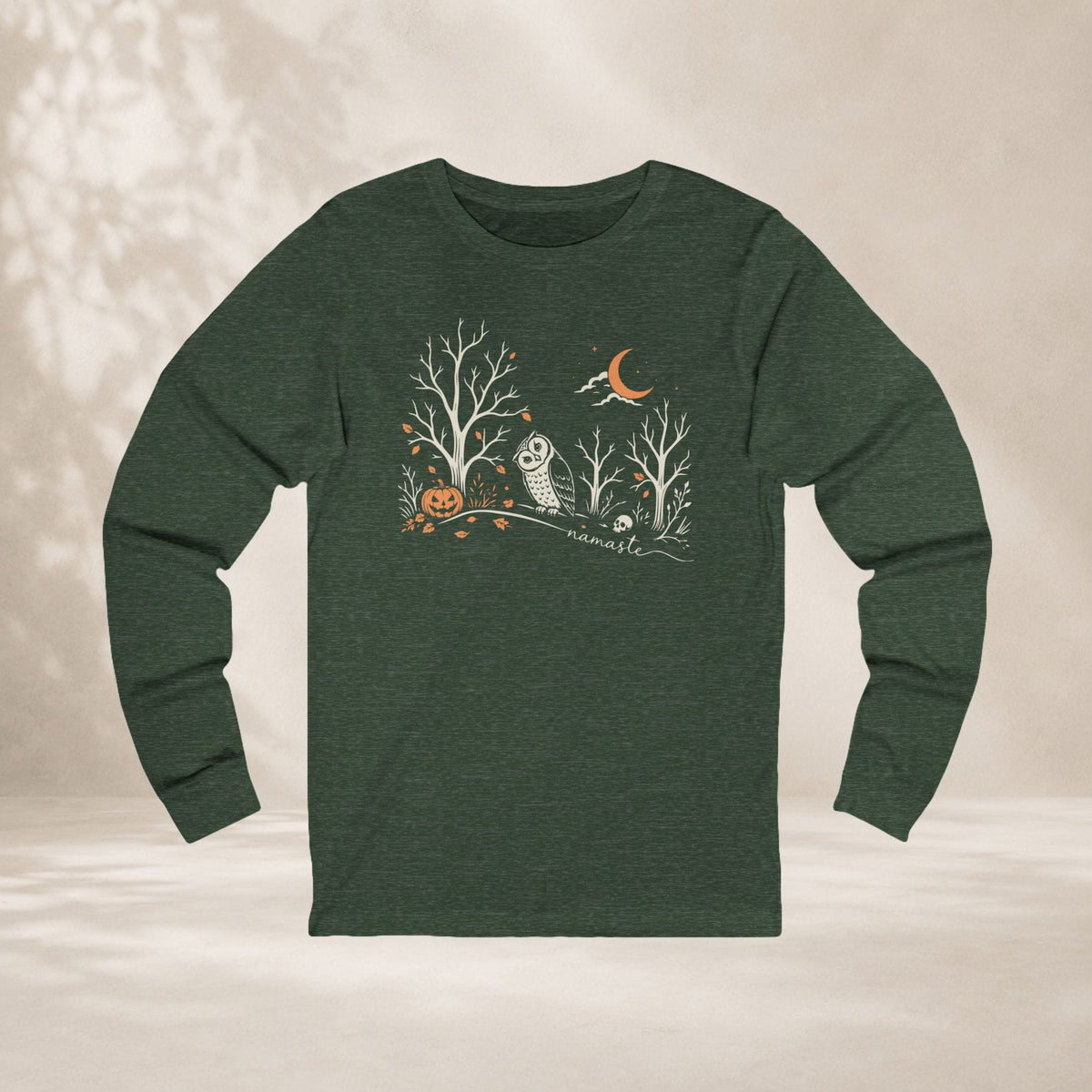 Printify Long-sleeve Namaste Forest Owl Halloween Long Sleeve Tee Namaste Forest Owl Halloween Long Sleeve Tee