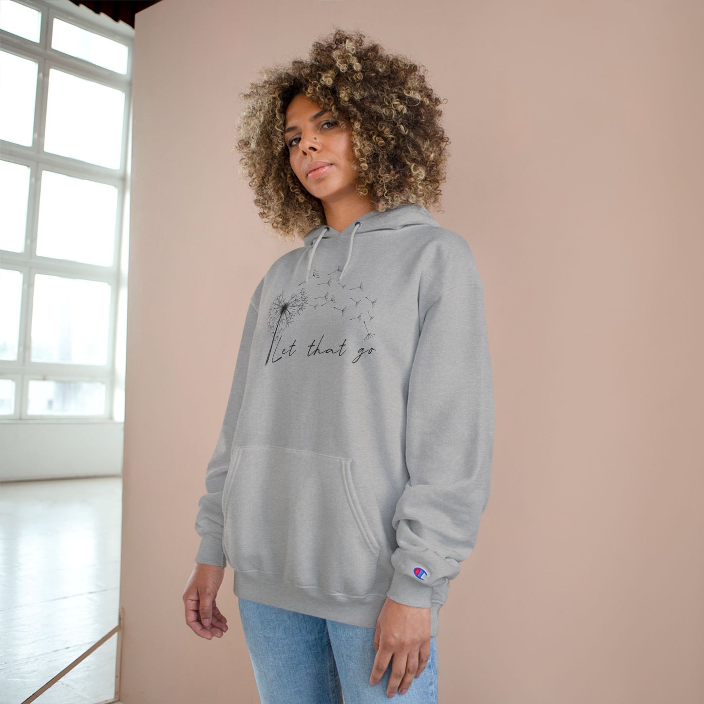 Cozy Champion Hoodie – Let That Go Dandelion Heart