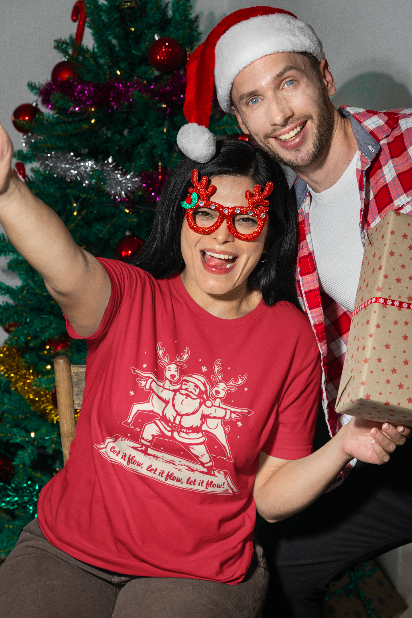 Let It Flow Santa Reindeers Warrior Pose – Christmas Funny Yoga Tee