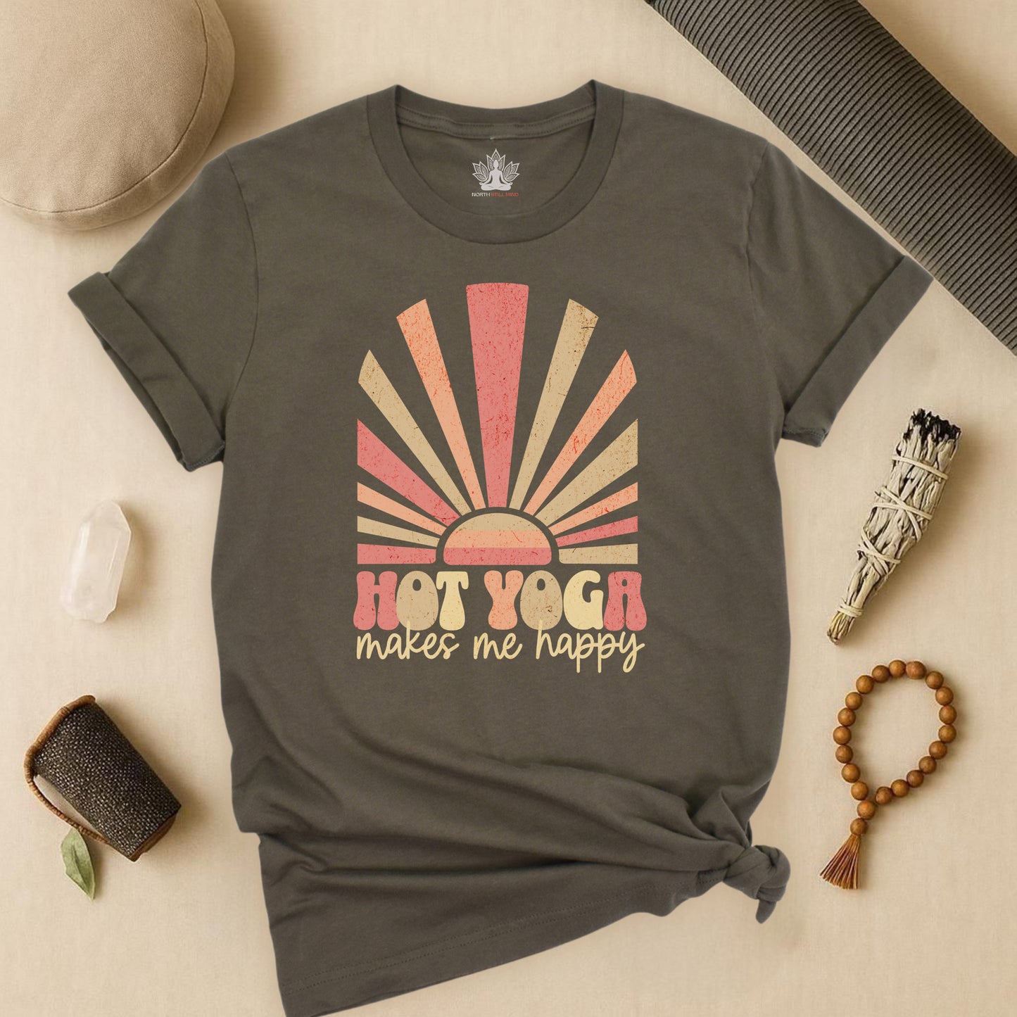 Hot Yoga Makes Me Happy – Retro Sunset Tee