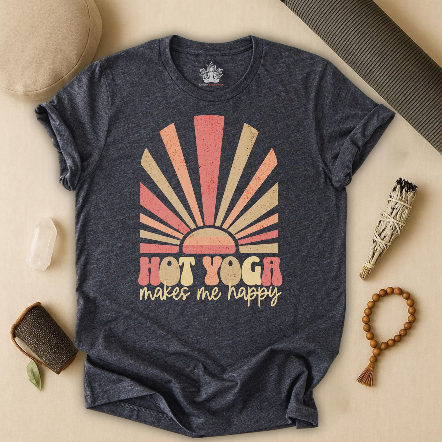 Hot Yoga Makes Me Happy – Retro Sunset Tee