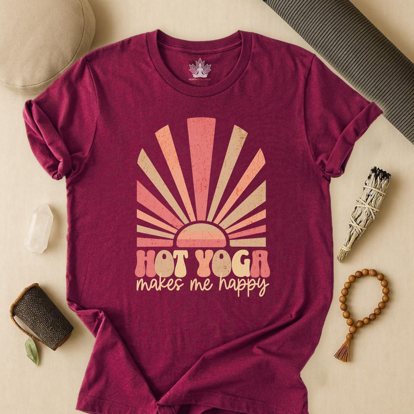 Hot Yoga Makes Me Happy – Retro Sunset Tee