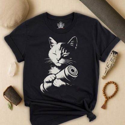Zen Cat Shadow Art – Monochrome Yoga Graphic Tee