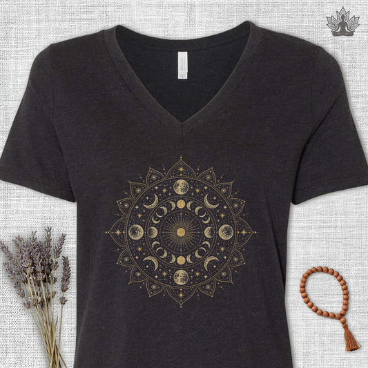 Printify T-Shirt Moon Mandala V-Neck Tee Moon Mandala V-Neck Tee