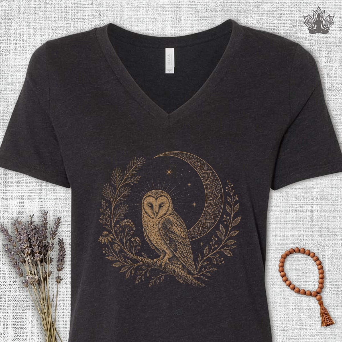 Printify T-Shirt Barn Owl Mandala Moon V-Neck Tee Barn Owl Mandala Moon V-Neck Tee