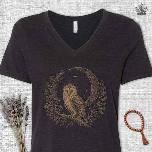 Printify T-Shirt Barn Owl Mandala Moon V-Neck Tee Barn Owl Mandala Moon V-Neck Tee