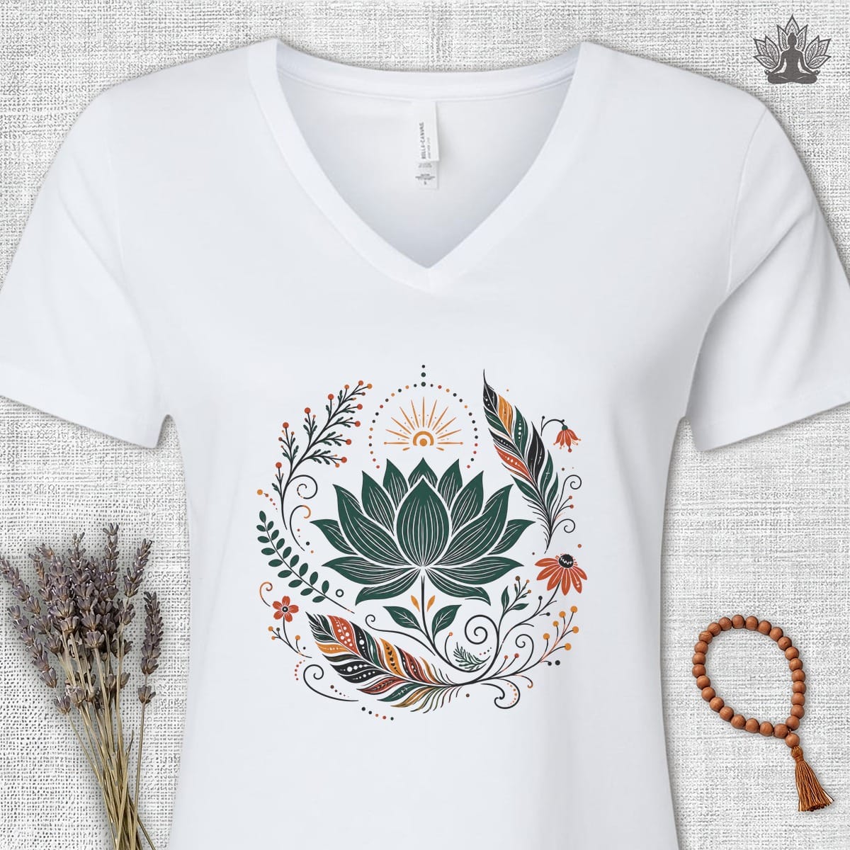 Printify T-Shirt Boho Lotus & Feathers V-Neck Tee Boho Lotus & Feathers V-Neck Tee