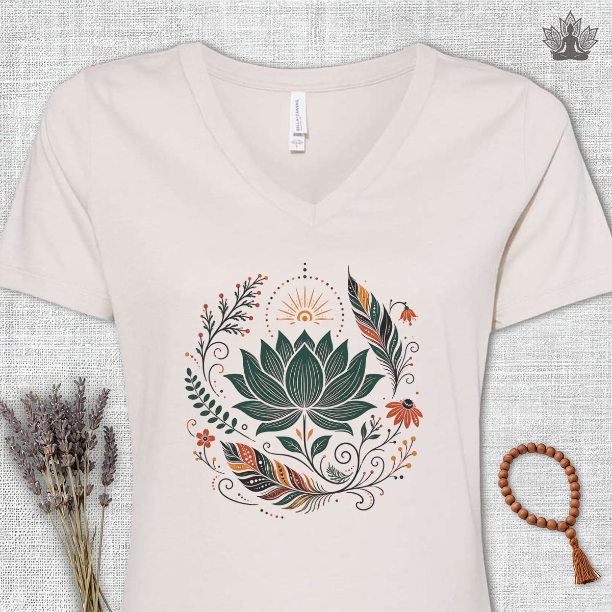 Printify T-Shirt Boho Lotus & Feathers V-Neck Tee Boho Lotus & Feathers V-Neck Tee
