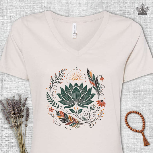 Printify T-Shirt Boho Lotus & Feathers V-Neck Tee Boho Lotus & Feathers V-Neck Tee