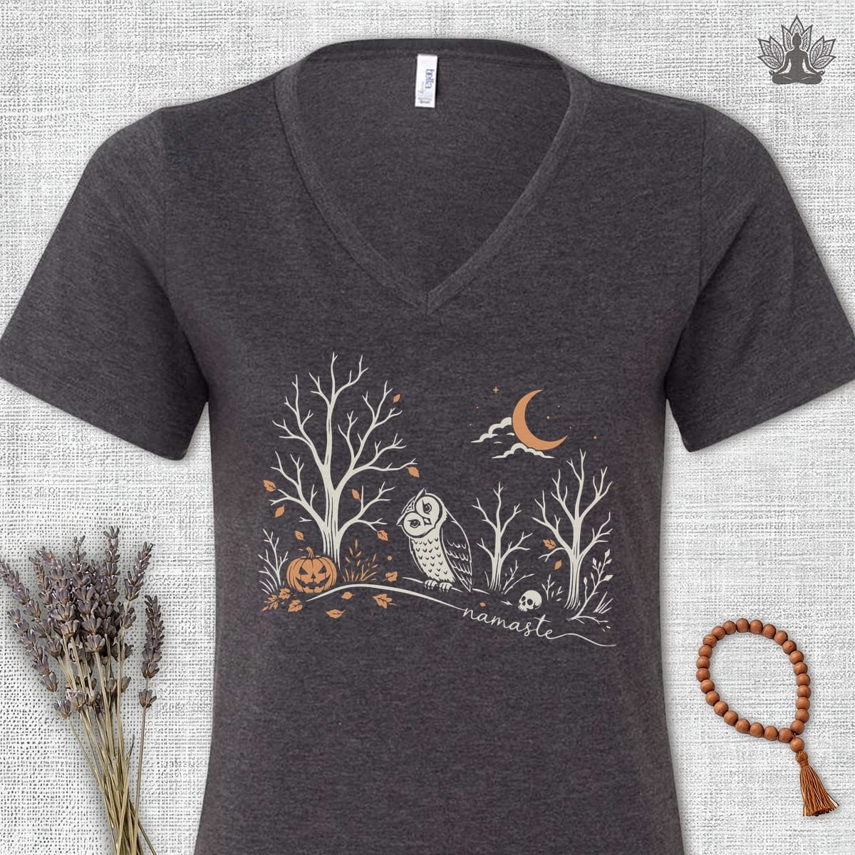Printify T-Shirt Namaste Forest Owl V-Neck Tee Namaste Forest Owl V-Neck Tee