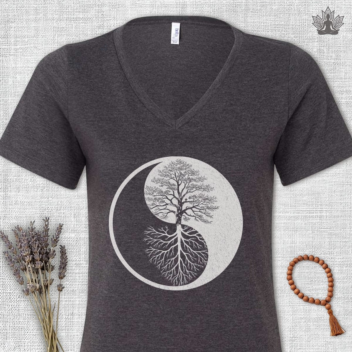 Printify T-Shirt Yin Yang Tree Of Life V-Neck Tee Yin Yang Tree Of Life V-Neck Tee