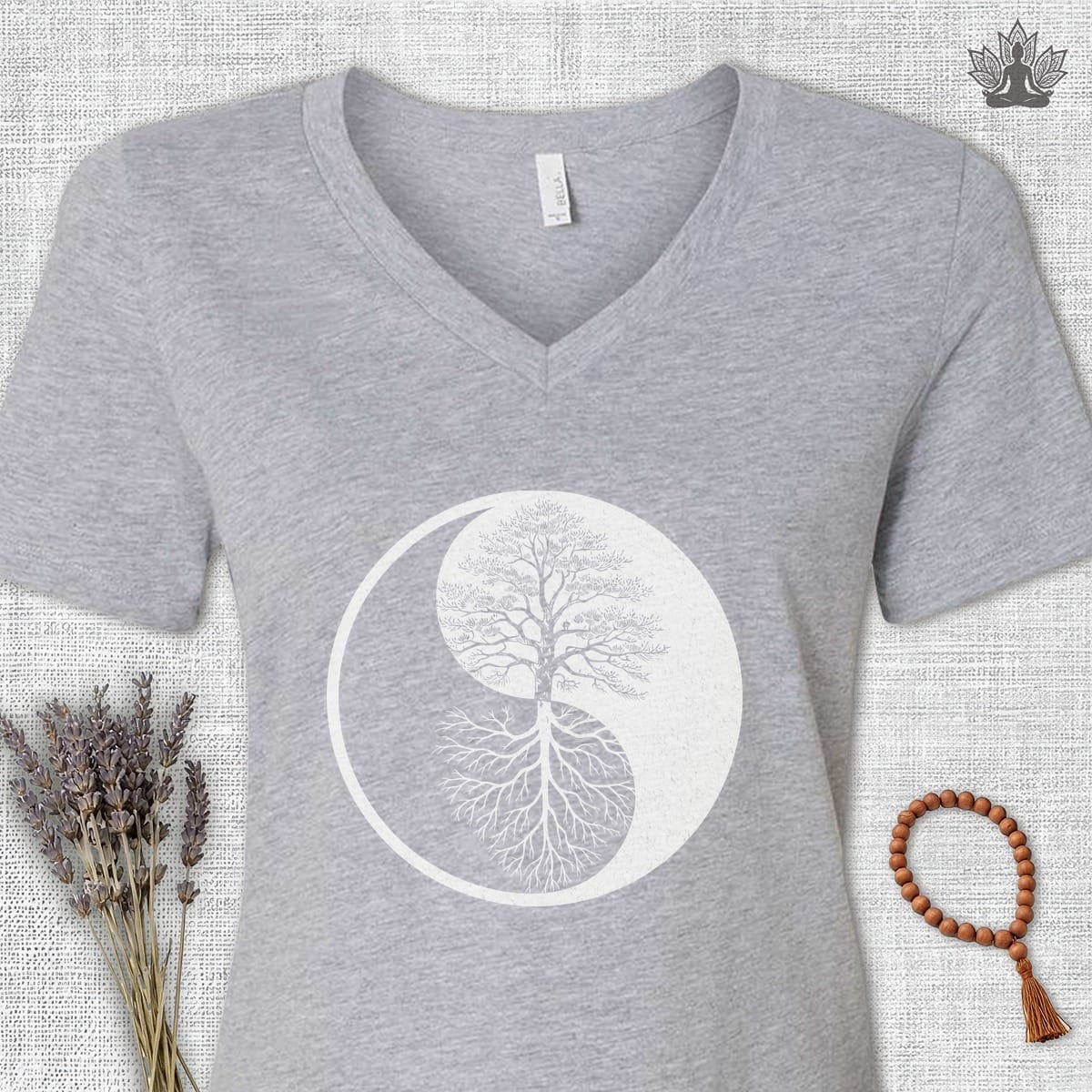 Printify T-Shirt Yin Yang Tree Of Life V-Neck Tee Yin Yang Tree Of Life V-Neck Tee