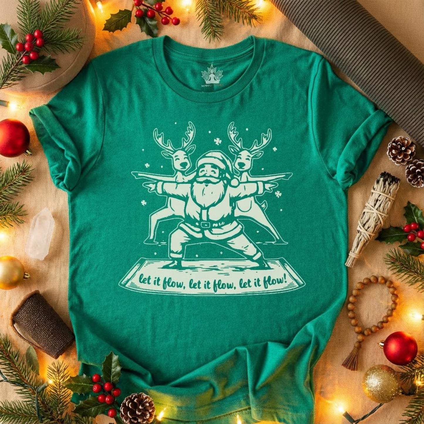 Let It Flow Santa Reindeers Warrior Pose – Christmas Funny Yoga Tee