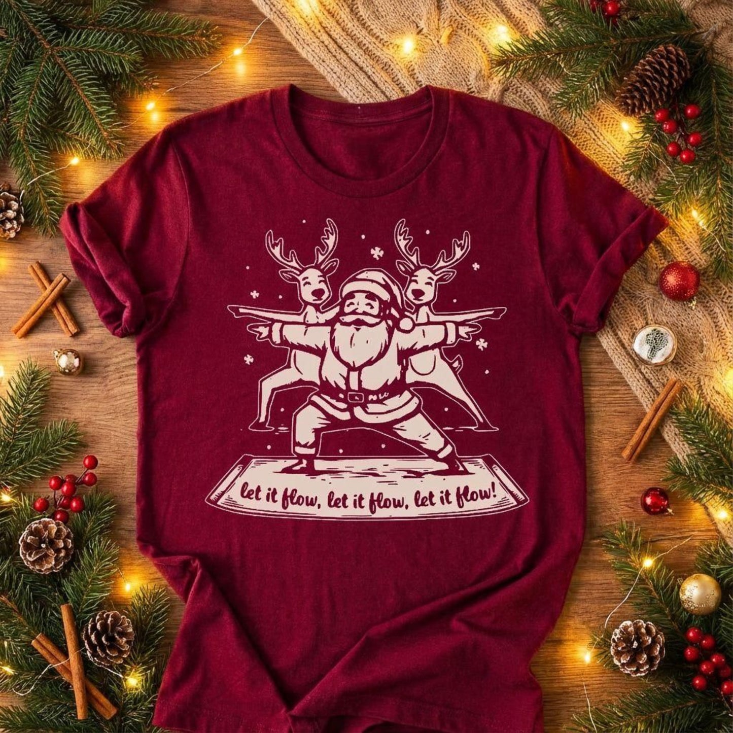 Let It Flow Santa Reindeers Warrior Pose – Christmas Funny Yoga Tee